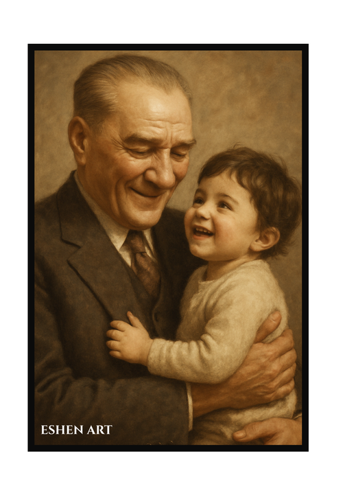 Atatürk ve Çocuk – Samimi Portre Kanvas Tablo, Modern Sanatsal Duvar Dekoru