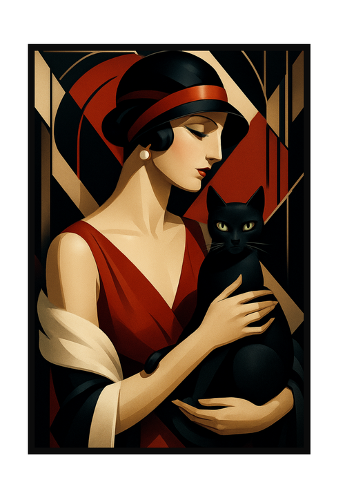 Art Deco Kadın ve Kedi İllüstrasyonu – Geometrik Modern Tablo