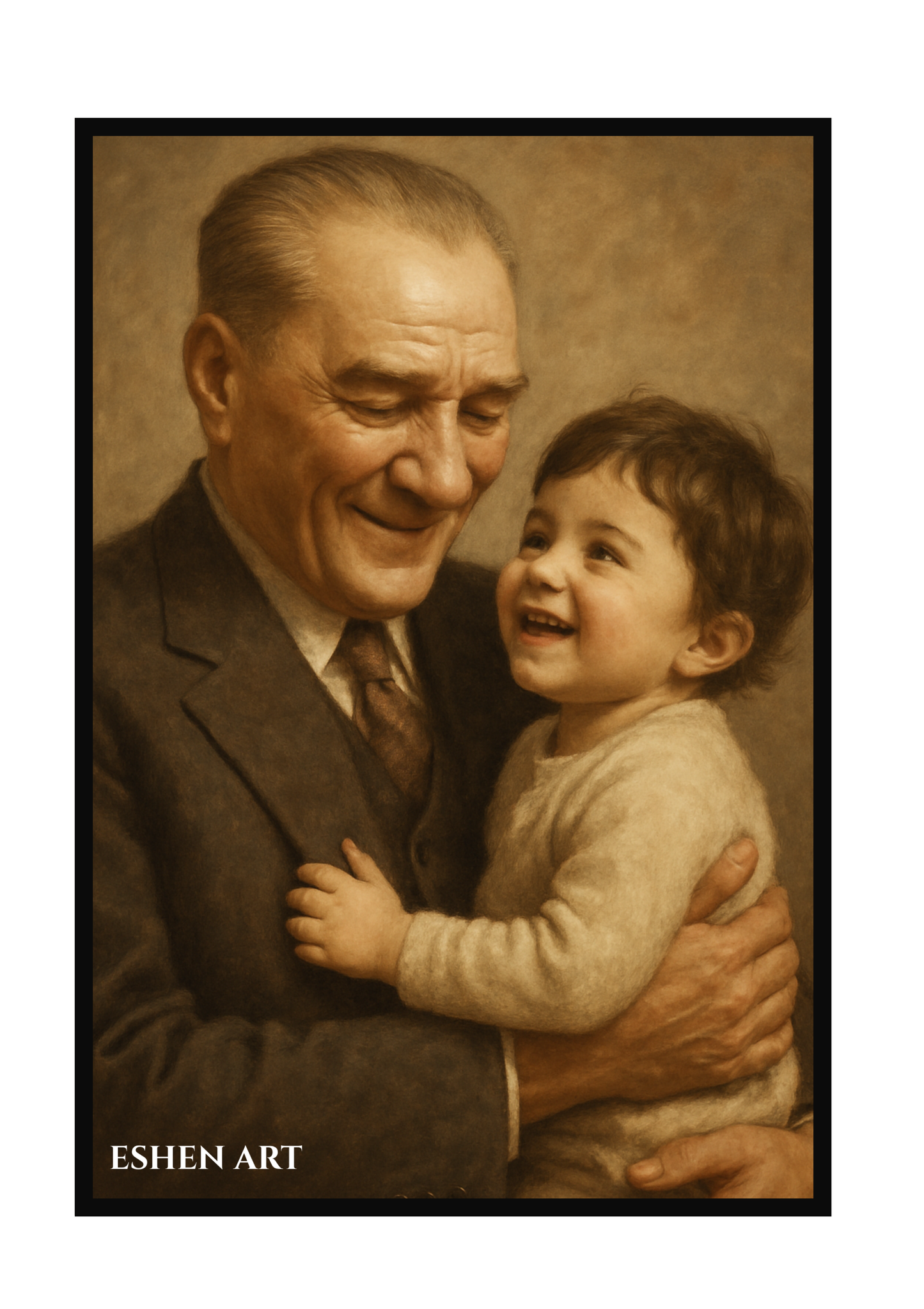 Atatürk ve Çocuk – Samimi Portre Kanvas Tablo, Modern Sanatsal Duvar Dekoru